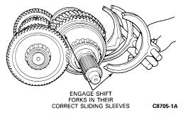 Place the shift interlock on the three gearshift rails and engage it in the interlock grooves in the 5th-reverse (upper) rail. 6.