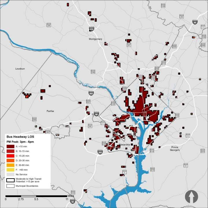 Percentage of Transit Potential Areas DRAFT Afternoon Peak: Are we providing service when people want it? Areas with a higher density of jobs and people need frequent peak service.