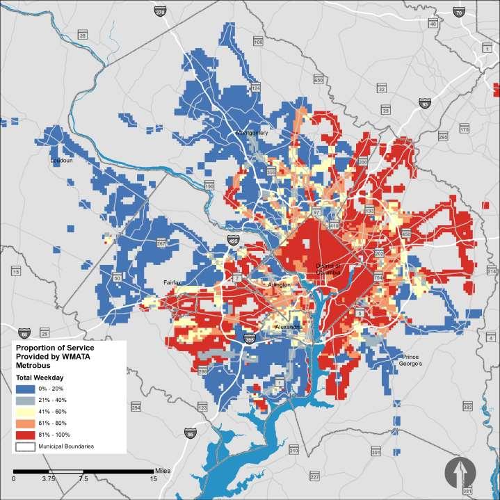 Proportion of bus service provided by WMATA This analysis shows what percentage of the region s bus service is provided by WMATA: The areas in red have a majority of the bus service provided by WMATA