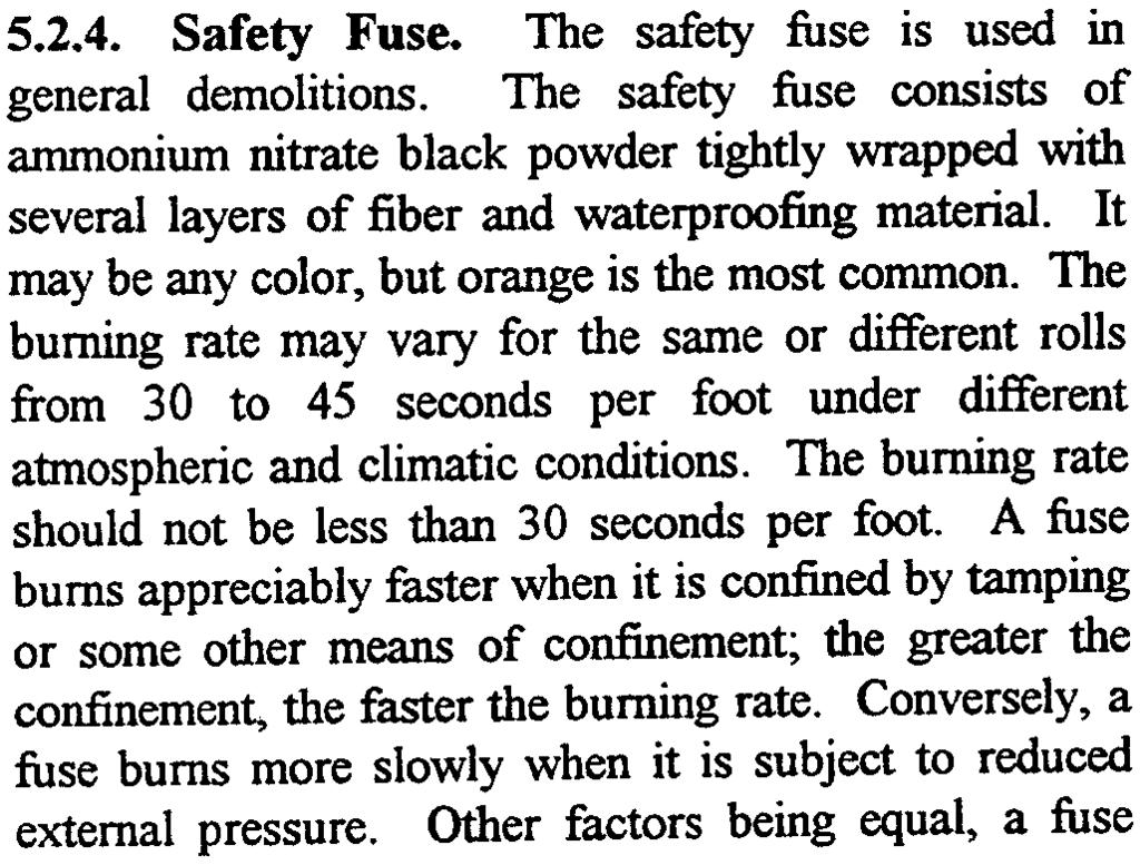 The safety fuse consists of almnonium nitrate black powder tightly wrapped with several layers of fiber and waterproofing material. It may be any color, but orange is the most common.