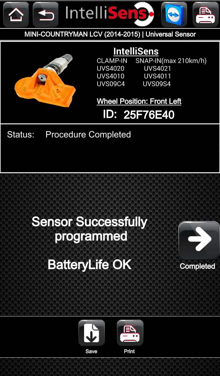 After the successful programming an information screen displays sensor related information. This information can be stored on the Android or ios device or saved as a PDF file.