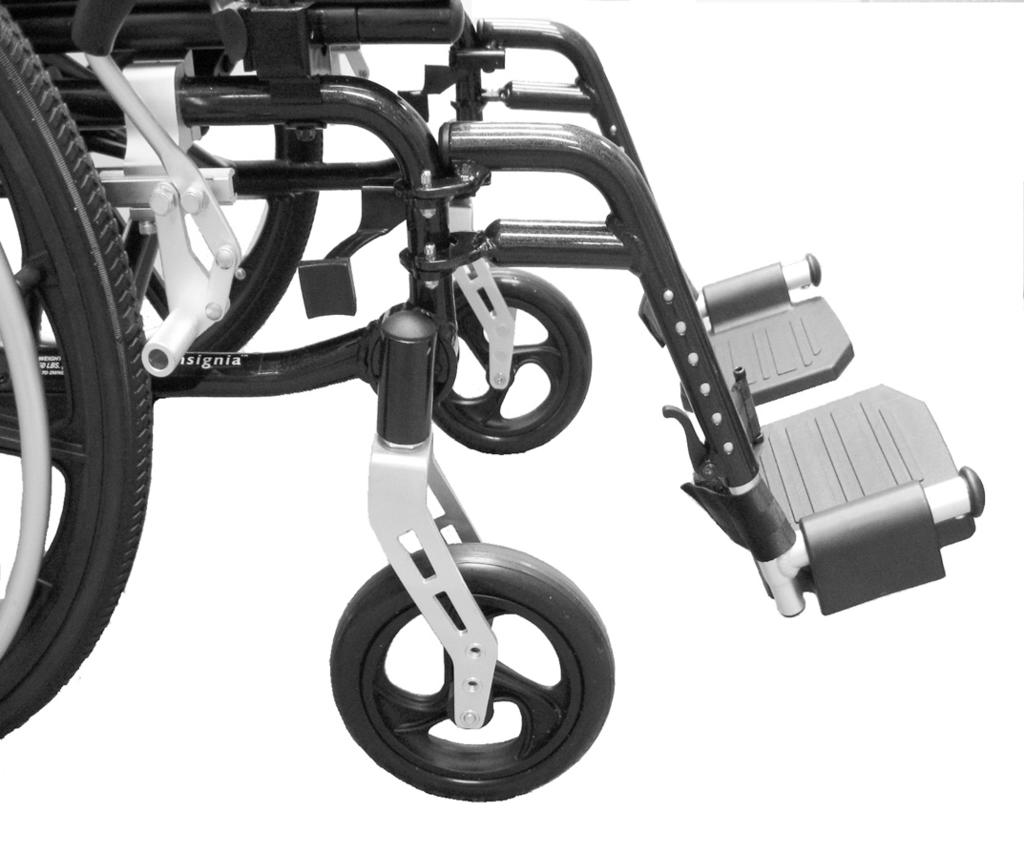 Turn the front rigging assembly to the side (open front rigging is perpendicular to wheelchair). 2. Install the hinge plates on the front rigging assembly onto the hinge pins on the wheelchair frame.