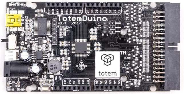 2. The TotemDuino Overview USB MINI port Use this port to upload your sketch to the TotemDuino. The standard Arduino SHIELD connectors. This switch selects if your ATmega should run on 3.3v or 5v.