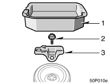 To remove the spare tire: 1. Remove the luggage storage box. 2. Loosen the bolt and remove it. 3. Remove the jack box.