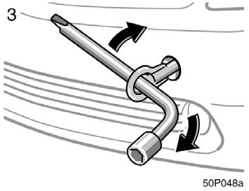 50p047a 2. Secure the towing eyelet to the hole on the bumper by turning it clockwise. 50p048a 3. Tighten the towing eyelet securely by a wheel nut wrench.