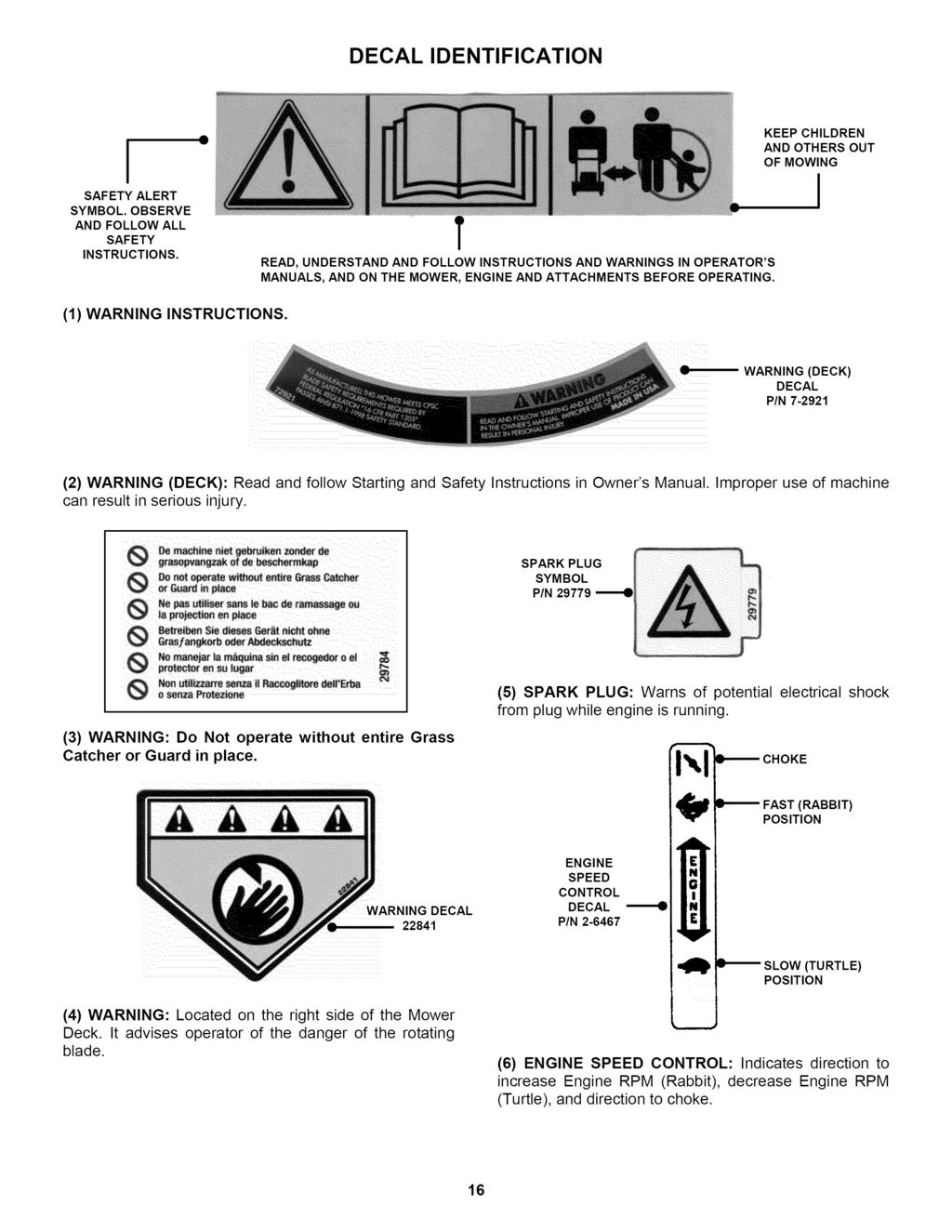 DECAL IDENTIFICATION I SAFETY ALERT SYMBOL. OBSERVE AND FOLLOW ALL SAFETY INSTRUCTIONS.