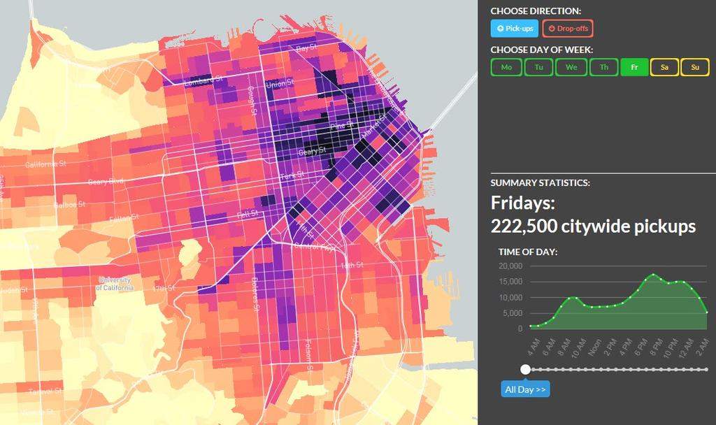 TRANSPORTATION NETWORK ACTIVITY HAS INCREASED Map of SF showing level of TNC pick-ups and