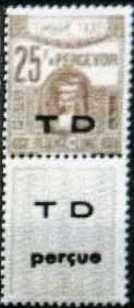 6. 12F ultramarine... *3.50 7. 50F green... *7.50 8. 100F red (stamp) and sepia (label) *15.00 1947. Same design but stamp inscribed TIMBRE-TAXE. 9. 25f brown... *20.