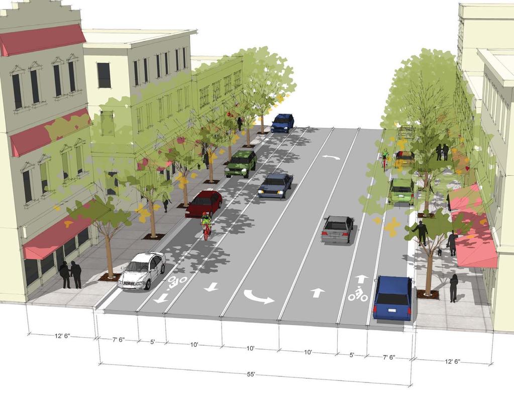 One of the highest short-term priorities of this study was to convert 3rd Street and 4th Street from a oneway pair of arterial streets to two-way streets with on-street parking and bike lanes.