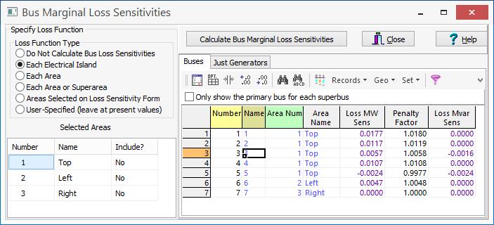 DC Power Flow Modeling with Losses First open Loss Sensitivity dialog (Tools Ribbon Sensitivities Loss Sensitivities ) Select a Loss Function Type Click Calculate Bus Marginal Loss Sensitivities