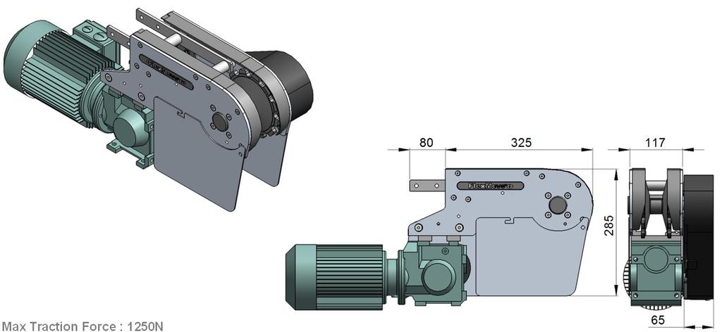 Suspended End Drive with Motor (LEFT) SD-0.25L1, 0.37L1, 0.55L1 Suspended End Drive without Motor (LEFT) SD-0L1 Max Traction Force : 1250N The Suspended End Drive Unit is with torque limiter.