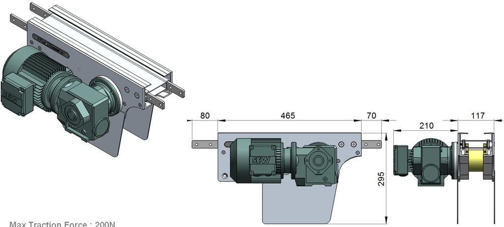 Standard attached gear motors are with SEW motor size 0.25kW, 0.37kW & 0.55kW. ID-DD-0L represents direct drive without gear motor. Maximum traction force for ID- DD is lower than DD and SD.