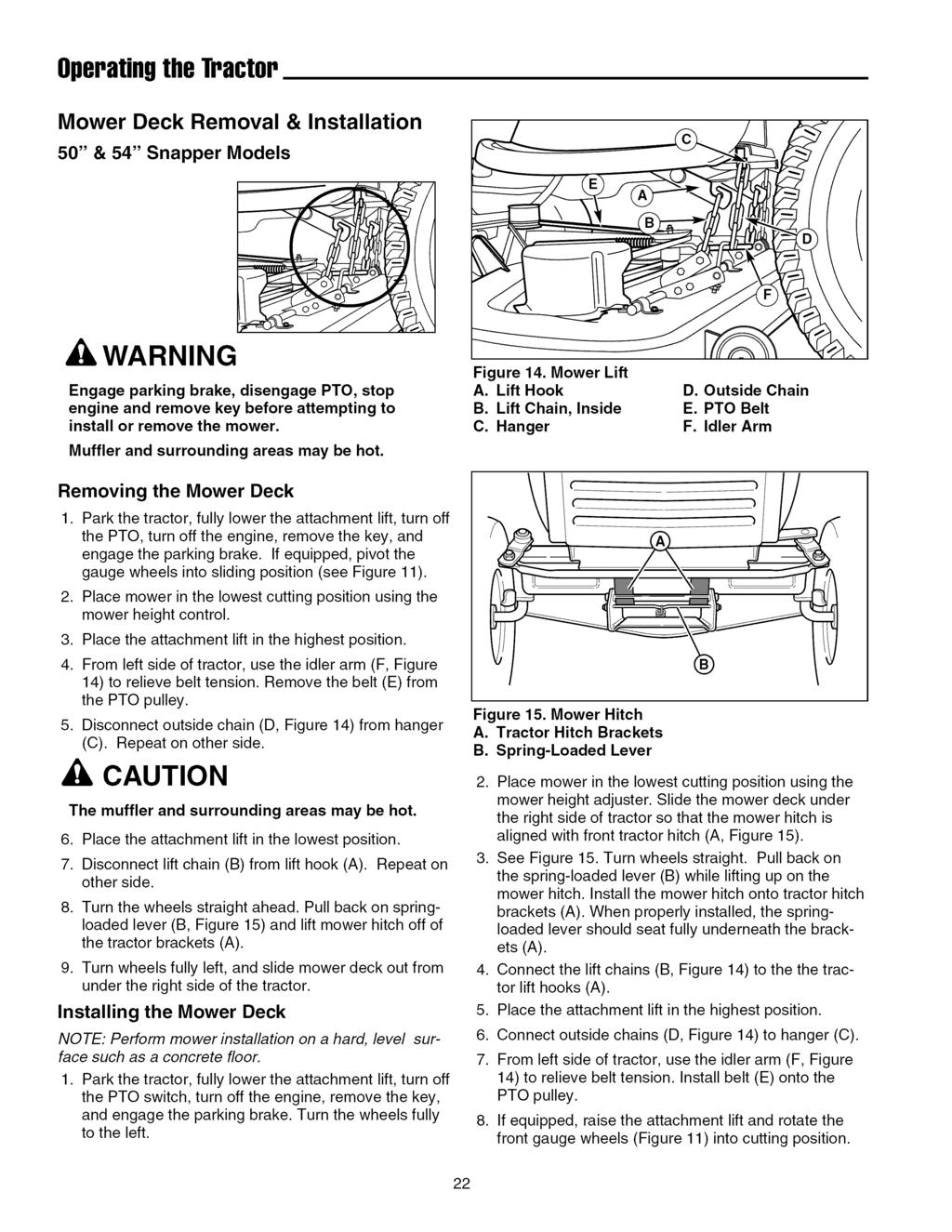 OperatingtheTractor Mower Deck Removal & Installation 50" & 54" Snapper Models WARNING Engage parking brake, disengage PTO, stop engine and remove key before attempting to install or remove the mower.