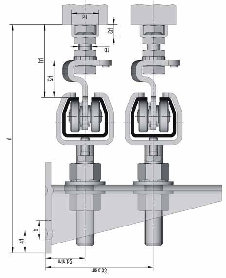 HELM Hardware for Sliding Gates Installation Cross-section and Installation Dimensions Installation (zinc-plated) cross-section with height-adjustable bracket and double wall mounting bracket The