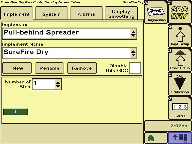 Implement Setup - Implement Here you will enter the type, name, and number of bins for your spreader. F Setup & Operation Implement Type, Name & Number of Bins 1.