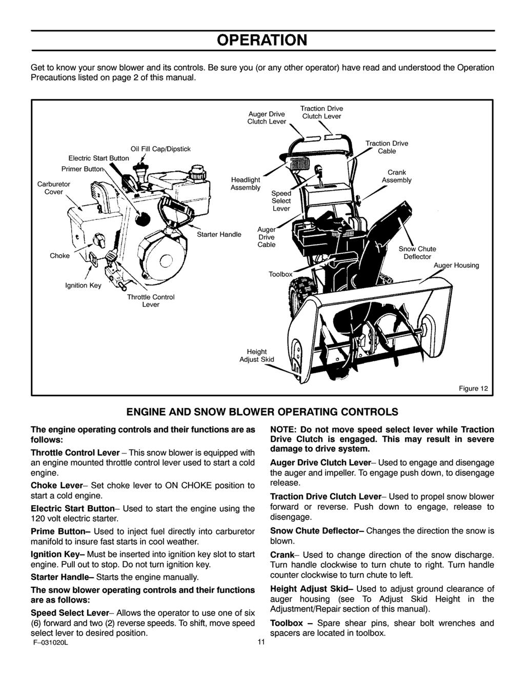 OPERATION Get to know your snow blower and its controls. Be sure you (or any other operator) have read and understood the Operation Precautions listed on page 2 of this manual.
