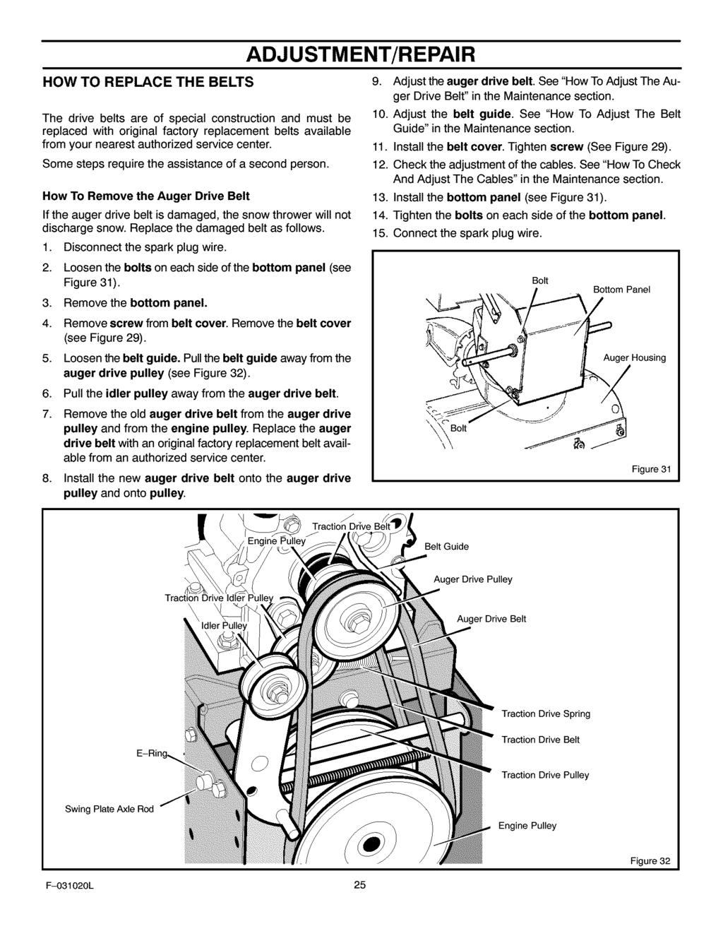 ADJUSTMENT/REPAIR HOW TO REPLACE THE BELTS 9. Adjust the auger drive belt. See "How To Adjust The Auger Drive Belt" in the Maintenance section.