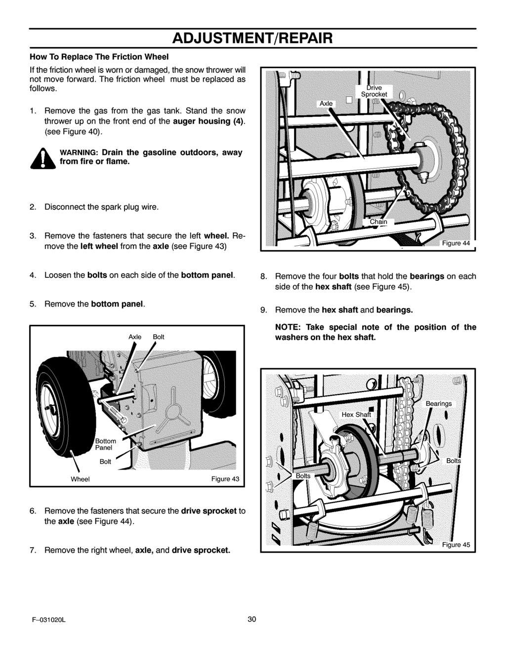 ADJUSTMENT/REPAIR How To Replace The Friction Wheel If the friction wheel is worn or damaged, the snow thrower will not move forward. The friction wheel must be replaced as follows. 1.