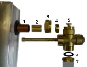 on the connector pipe of the collector (1), immersion sleeve with the complete cross fitting (5) needs to be placed in the connector pipe of the collector (1), screw the clamp nut (3) onto the cross
