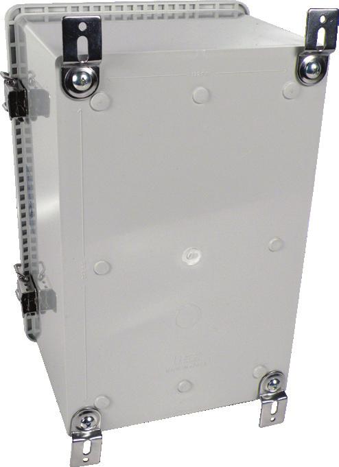 flange in the four threaded screw holes on the back of the enclosure as shown in