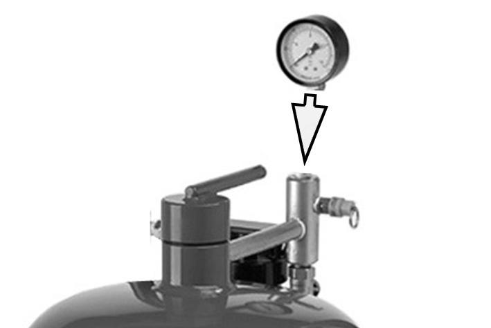 ASSEMBLY FIT THE PRESSURE GAUGE TO THE TANK 1. Screw the pressure gauge onto the sandblaster as shown in Fig 1. Fig 1 FIT THE HANDLE BARS TO THE TANK 1.
