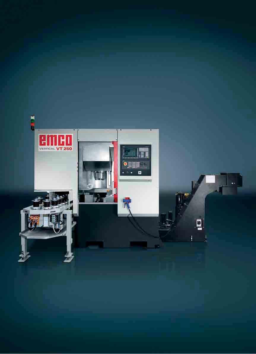 EMCO VERTICAL VT 25 Designed for heavy-duty machining, the VT 25 is equipped with an integrated self-loading system, yet it gets by with a small foot print.