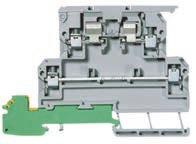 Two-level terminal block with feed-through circuit and hinged-arm fuse circuit." (. mm) 
