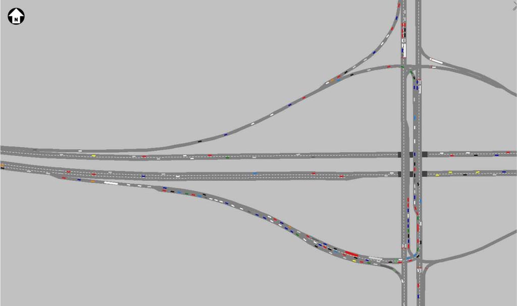 Figure 17. I-94 and 8 th St. (TH 75) VISSIM screen shot 2025/2015 PM peak hour Comparisons were performed between the 2025 PM and 2025/2015 PM scenarios delay time.