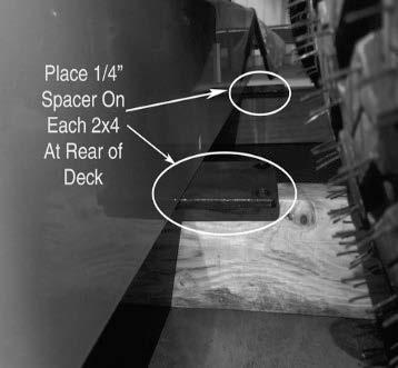 to achieve the proper 1/4" pitch down in the front it may be necessary to use some 1/4" spacers under the rear of the deck as shown. 4.