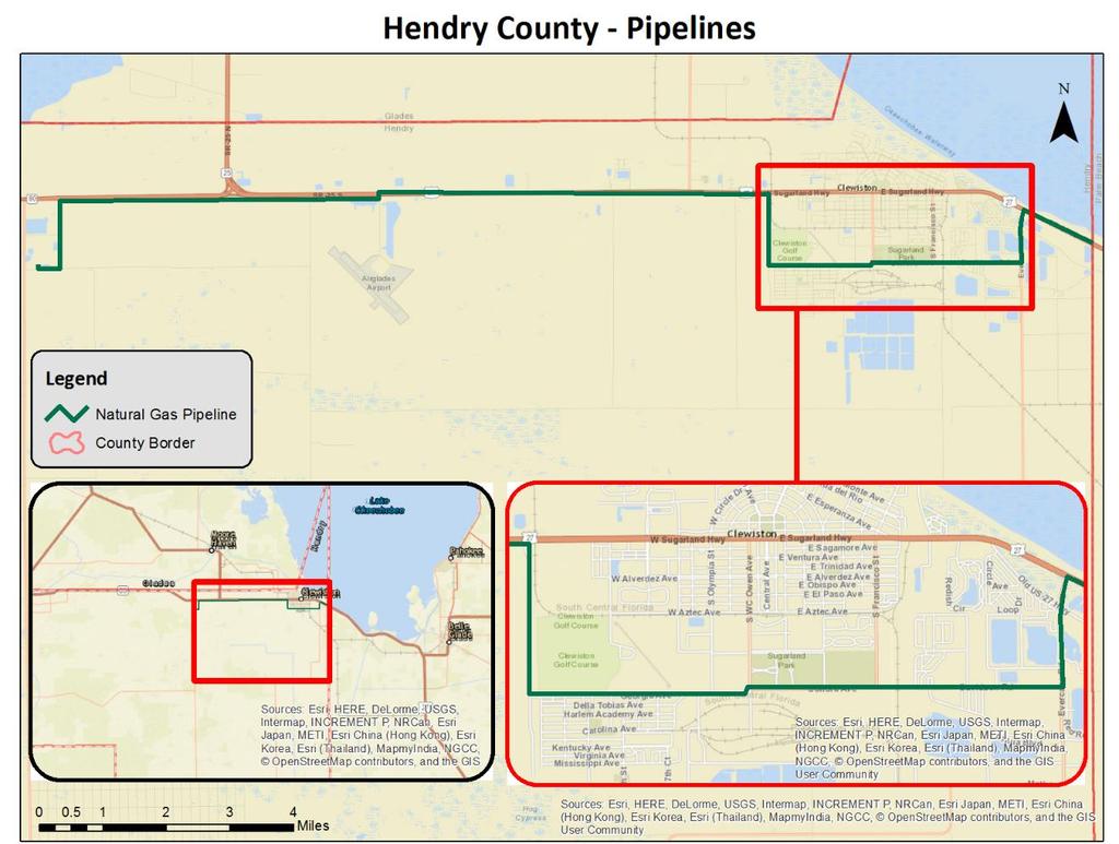 Pipelines Hendry county has approximately 18 miles of pipeline (natural gas) which runs west from Florida City Gas existing gas line in Palm Beach County, along the U.S.