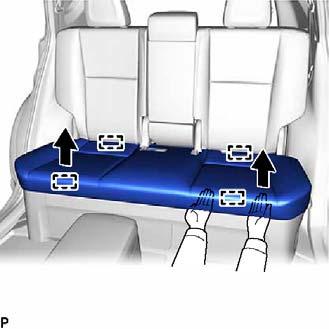 REMOVE BENCH TYPE REAR SEAT CUSHION ASSEMBLY (1) Lift the front end of the rear seat cushion assembly as shown in the illustration and