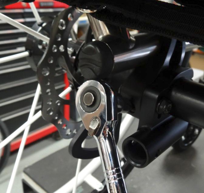Step 9: Use a 3/16 hex key to tighten the chair s camber tube clamps and lock this position. Camber tube clamps should be torqued to the proper specifications to avoid rotation during braking.