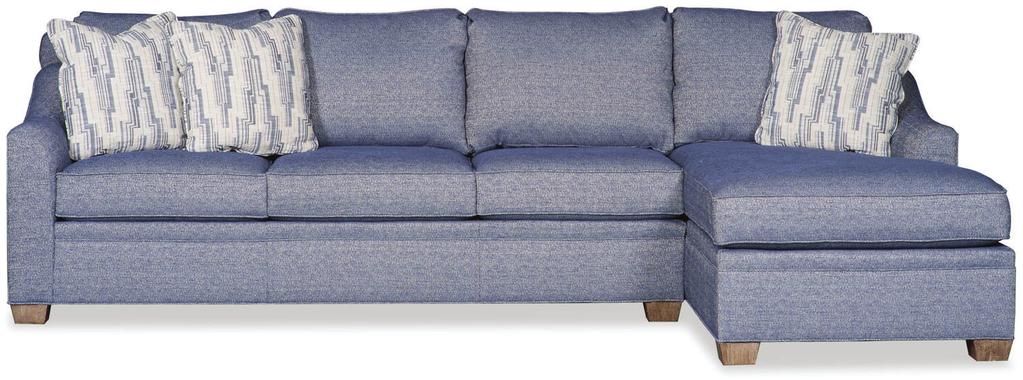Choices Armless Sofa H38 W78 D40 SH21 SD22 Chaise H38 W36 D71 AH24 SH21 SD38 Style #35 9-35 LAS/RAS Sleeper Shown with modern slope arm, tapered leg, knife edge back and contrast fabric on pillows,