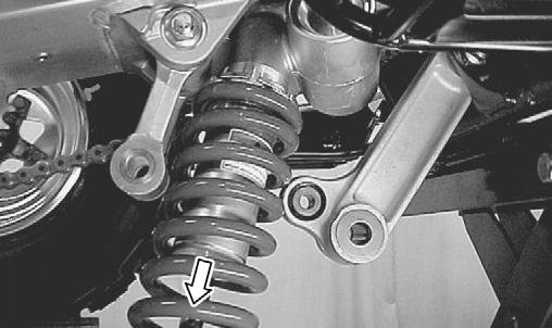 Raise the swing-arm and place the shock absorber in position; then install the upper and lower cap screws and nuts. 2.