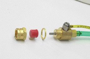 Each kit includes a colored acetyl push button, brass housing nut, 1/16 brass spacer, and lock washer for assembly. The standard furnished mounting nut has a bright chromate finish.
