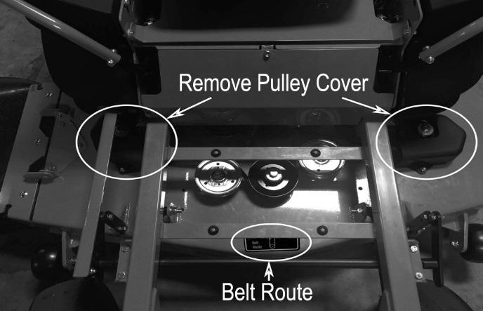Take off both pulley covers and route the belt by following the belt route decal.