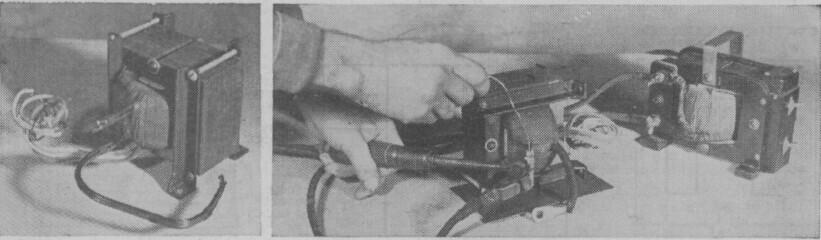 Fig. 10. Completed transformer with side supports of angle iron. Fig. 11. Use your 6-volt soldering iron transformer to solder the heavy copper lugs to the secondary.