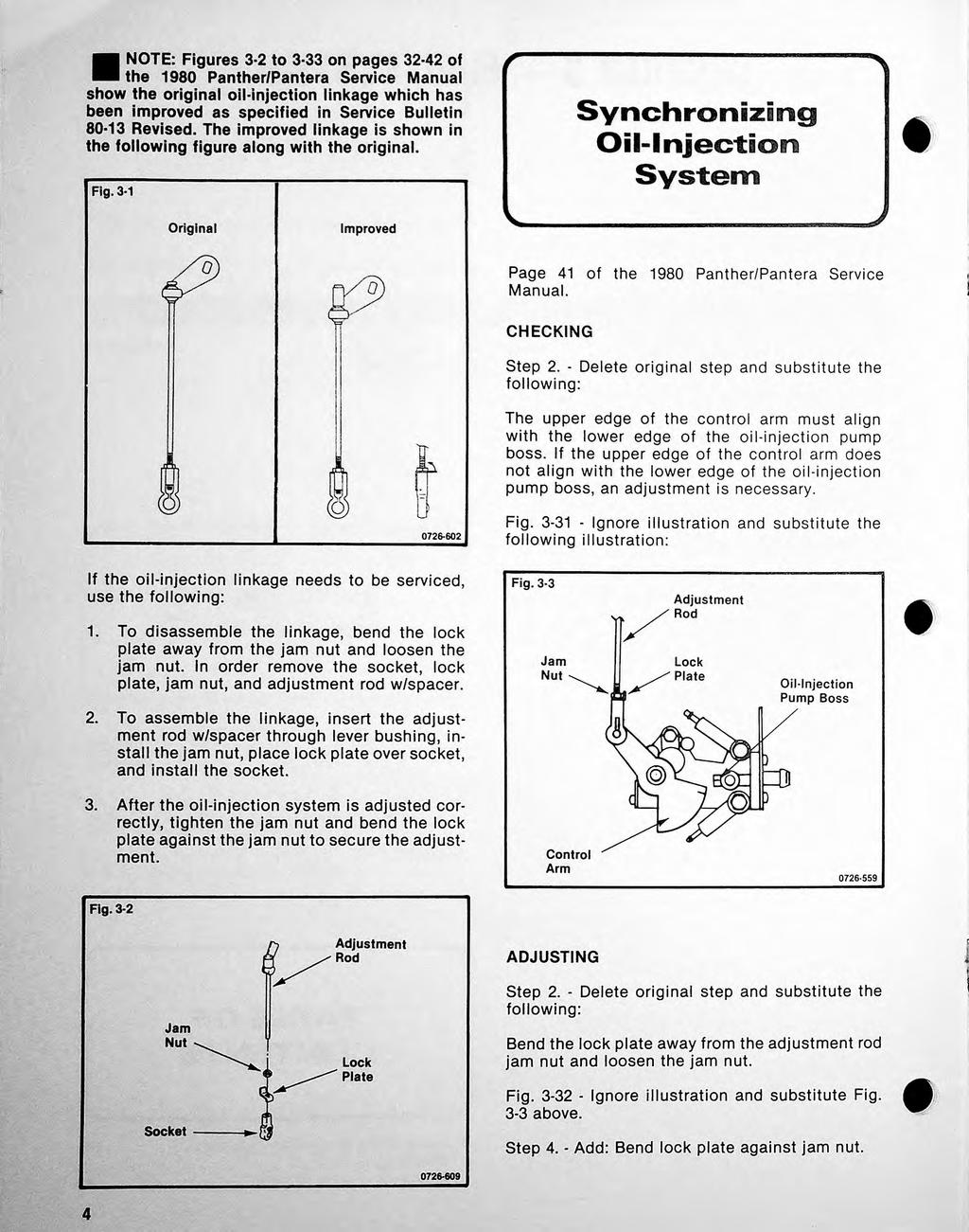 NOTE: Figures 3 2 to 3.33 on pages 32-42 of the 1980 Panther/Pantera Service Manua show the origina oi-injection inkage which has been improved as specified in Service Buetin 80 13 Revised.