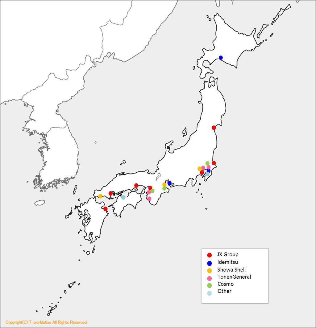 Location of refineries 10 Japan has 23 refineries with total capacity at 3.917 million b/d as of June 2015.