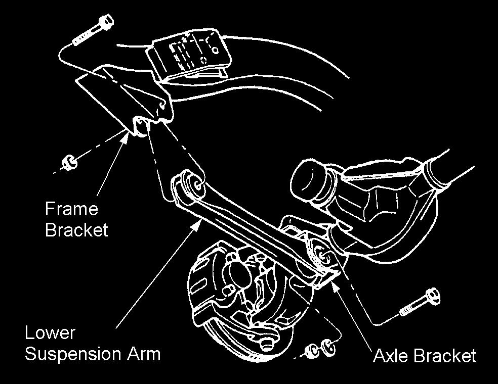 NOTE: Remove and replace one suspension arm at a time. 4) Remove the nut, cam, and cam bolt from the axle bracket. Remove the nut and bolt from the frame bracket. Remove the lower suspension arm.