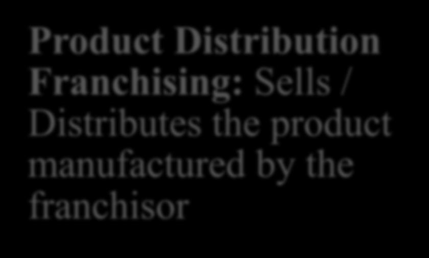 Types of Franchising Product Distribution Franchising: