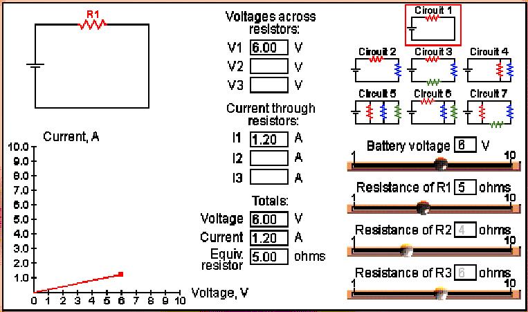 4 of 5 2/4/2010 3:35 PM eries and Parallel Circuits (a) In this simulation you can choose between seven possible circuits by clicking on one of the small circuit diagrams shown at the upper right.