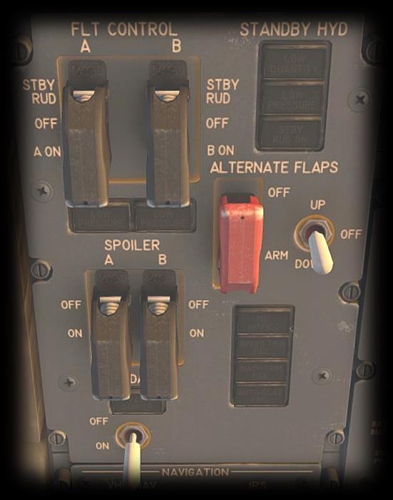 1. Flight Controls This panel is used to select the active flight control systems (rudder, flaps, spoilers, and features a yaw damper toggle switch.