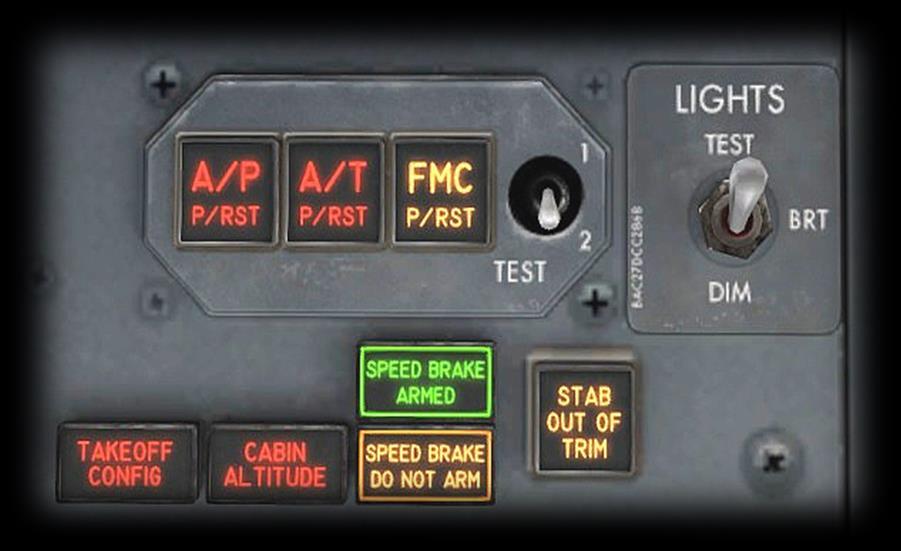 Push to reset. TAKEOFF CONFIG: Takeoff configuration caution or warning. CABIN ALTITUDE: Cabin pressurization system is not operating, and cabin altitude is above safe limits.