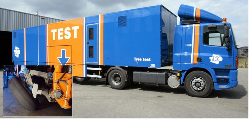Figure 5. TNO Tyre Test Trailer and test tower for motorcycle tyres. Figure 6 shows the comparison with measurement data for zero inclination and an inclination angle of 30 degrees.