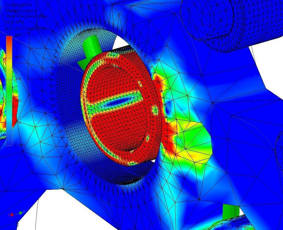 This figure details the Von Mises stress acting on the Rollers and the Cycloid Disc: FIGURE 2: VON MISES STRESS AFTER INCREASE IN LOCAL MESH DENSITY The mesh refinement is made to the point where the