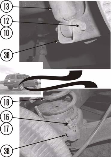 2. Remove rear axle passenger side hardware. a. Remove nut (10), bolt (12), and shock (13) from rear axle (38).