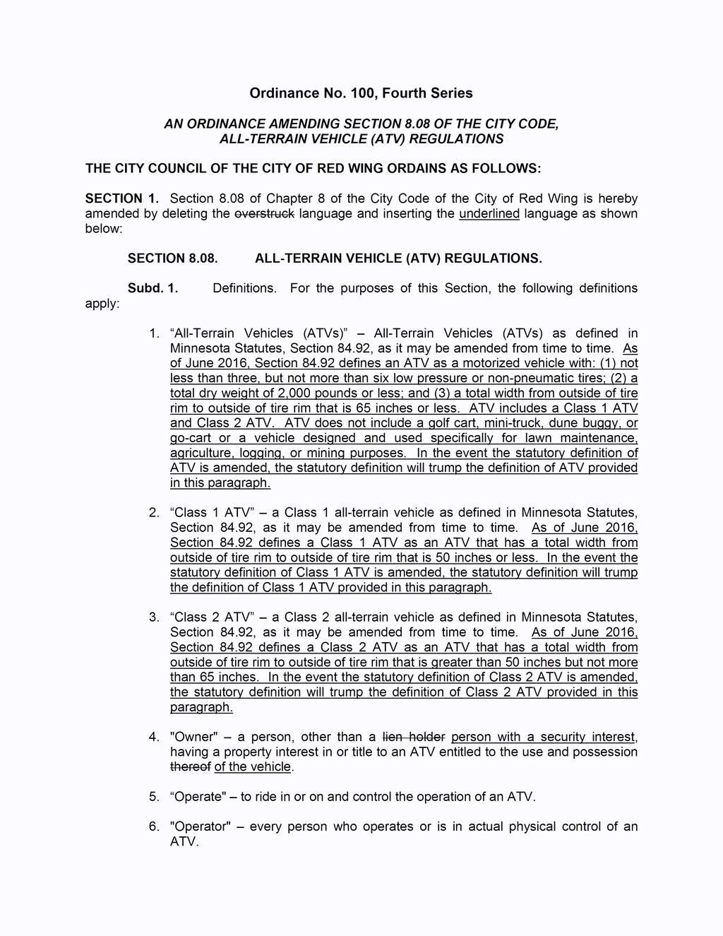 Ordinance No. 100, Fourth Series AN ORDINANCE AMENDING SECTION 8.