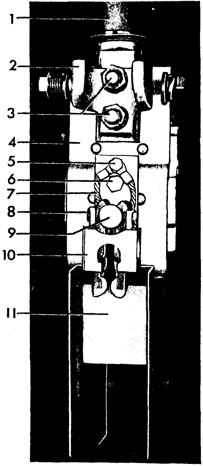 Figure 22. (8039586) Rear Bushing Assembly 1. Rear Bushing 2. Guide and Support for Interrupt,er 3. Bolts for Contact Support 4. Contact Support 5. Bolt for Flexible Braid 6. Mounting Bolt 7.