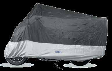 CoverMax DELUXE MOTORCYCLE COVERS Deluxe, heavyweight, all-weather cover Top: water-resistant, 420-denier 100% polyester, with PU coating Bottom: 65%/35% polyester/cotton mix with heat-resistant